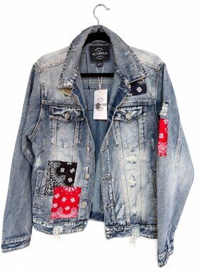 Victorious Bandana Patch Denim Jacket Small Distressed Paisley Indigo NWT